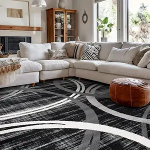 Modern Wavy Circles Design Area Rug, Carpet with Jute Backing for Living Room, Bedroom, or Home Office, Black