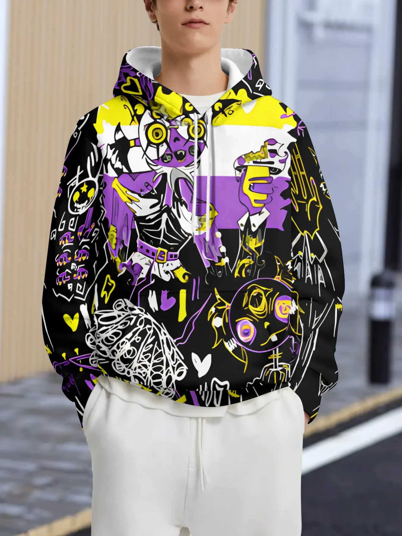 Men's hoodie, high-street texture splatter paint color-block hoodie, niche art loose coat, Graphic Print Hoodie