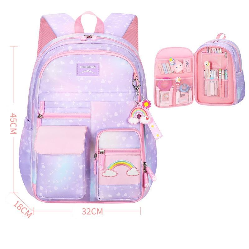 Gradient Color Backpack, Cute Cartoon Large Capacity School Backpack Double Shoulder Backpack, Casual Outdoor Bag