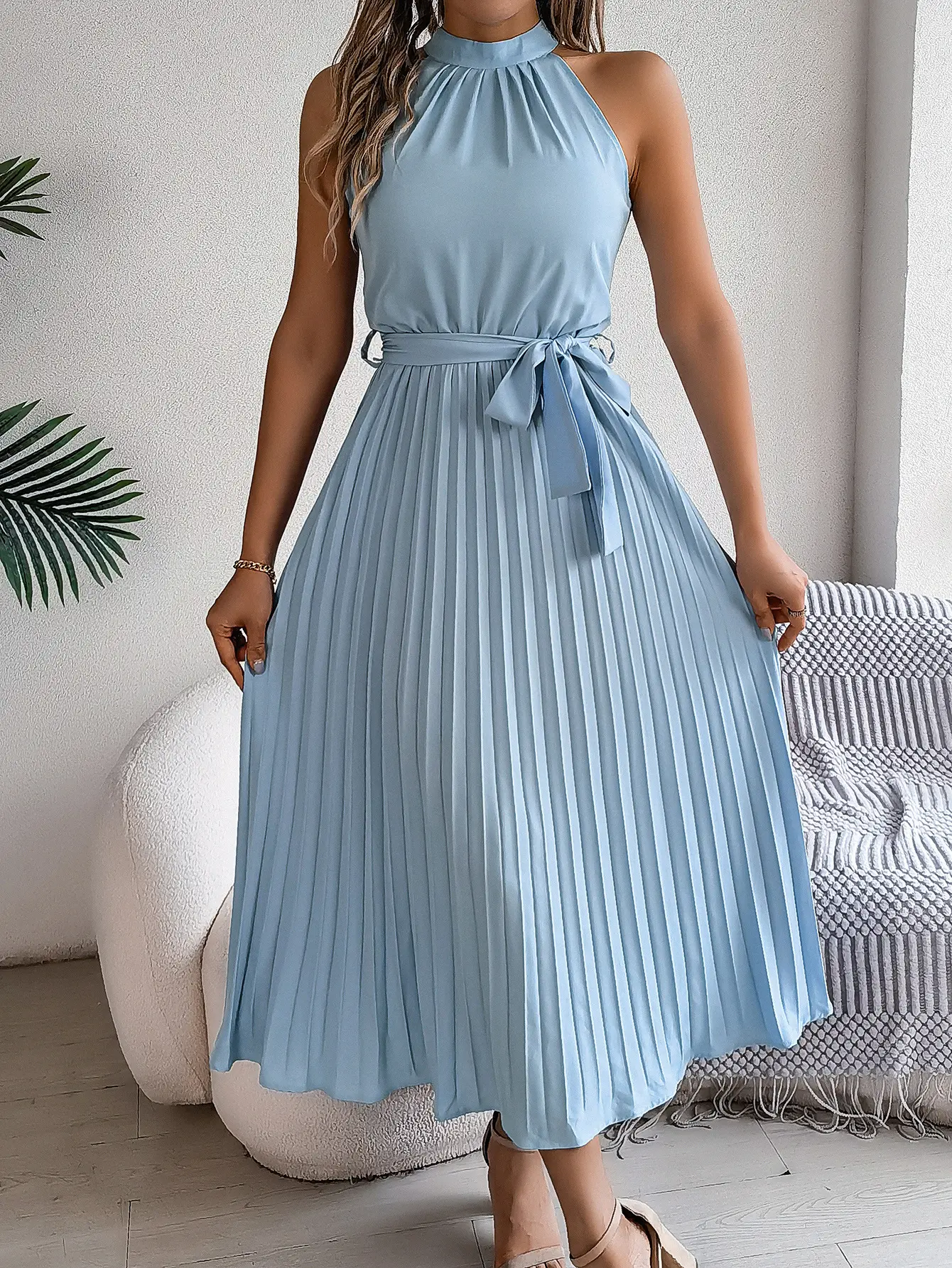 YesFashion Women's Stand Collar Sleeveless Pleated Midi Dress - Slim Fit, Waist Tie, 95% Polyester 5% Elastane Stretch, Solid Color, Elegant Casual Summer Wear for Daily Use