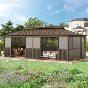 12' × 24' Sunroom Patio Hardtop Gazebo, Double Top Galvanized Steel Roof Aluminum Solarium, All-Season Outdoor Pergola with Sliding Doors & Slideable PE Screen Window for Garden, Deck, Backyard