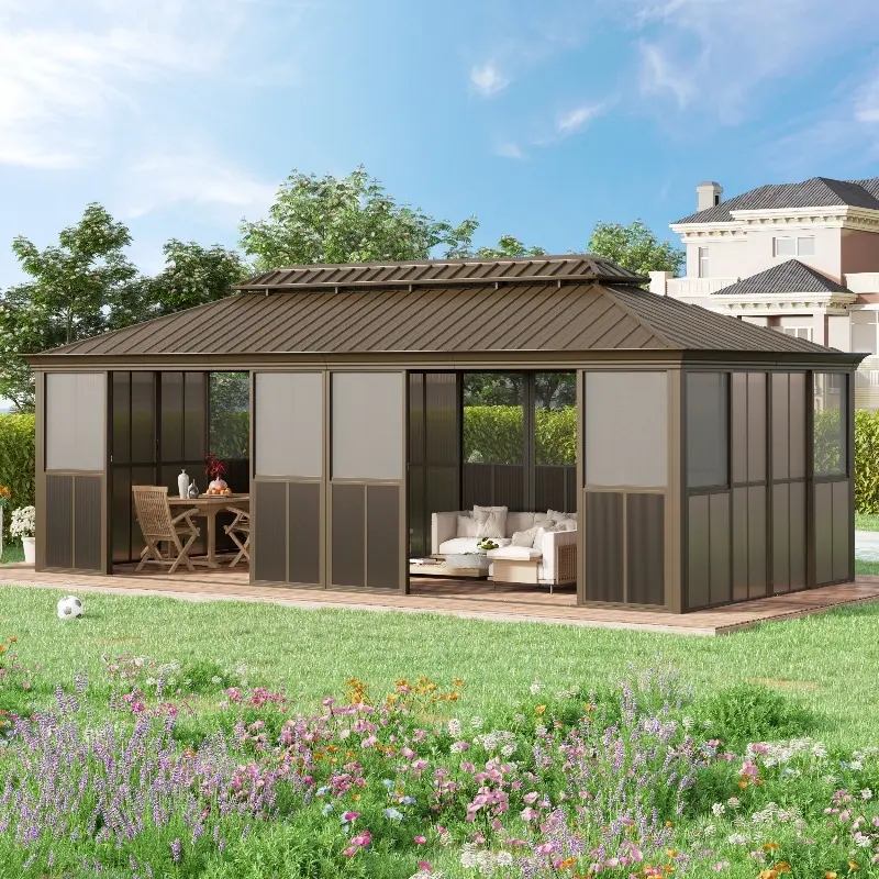 12' × 24' Sunroom Patio Hardtop Gazebo, Double Top Galvanized Steel Roof Aluminum Solarium, All-Season Outdoor Pergola with Sliding Doors & Slideable PE Screen Window for Garden, Deck, Backyard