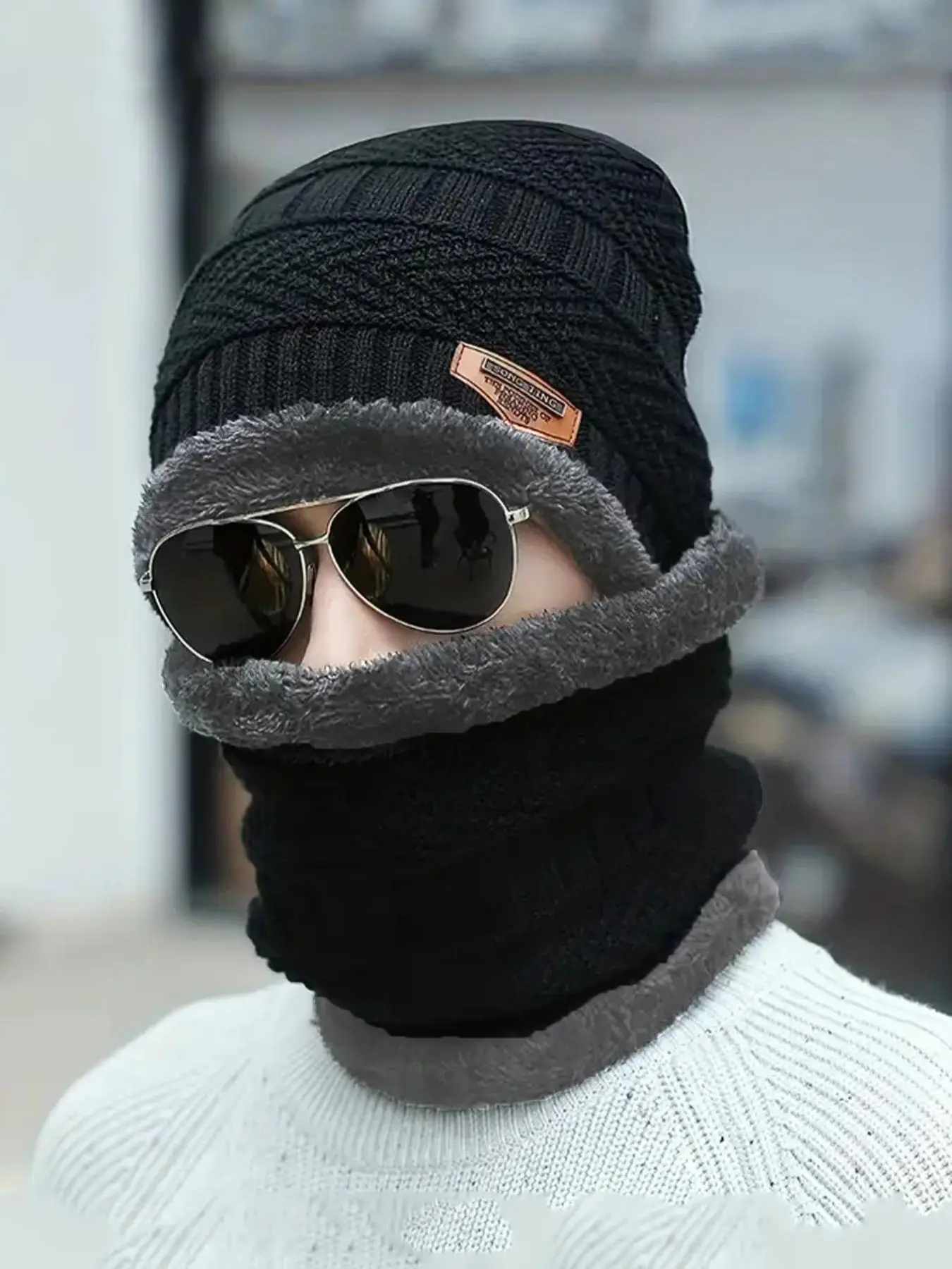 2pcs Men's Winter Outdoor Sports Cycling Knit Beanie & Face Mask Set, Head Warmer Hat, Warm Neck Warmer & Face Protection Face Mask