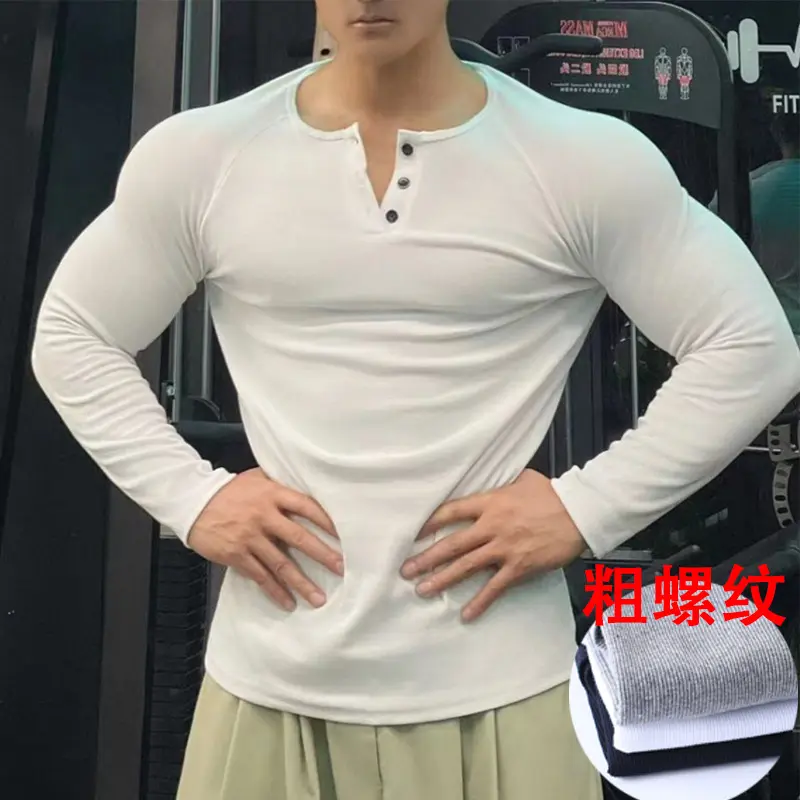 Henry Shirt American Threaded Cotton Retro Long Sleeve Ami Kaji Men's Shoulder Fitness Show Henry Neck T-Shirt Sports