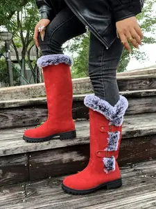 Women's Fuzzy Winter, Pure Color Flat Sole, Plush Lining, Anti-Slip Mid-Calf Fluffy Snow Boots, Perfect for Christmas Occasions