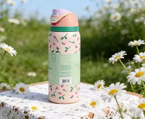 Owala Spring Floral Tumbler 32oz Full of Freshness Bottle Drinkware with Soft Pink Backgrounds & Tender Green Stems Portable Reusable Flask for Outdoor Picnics and Commutes