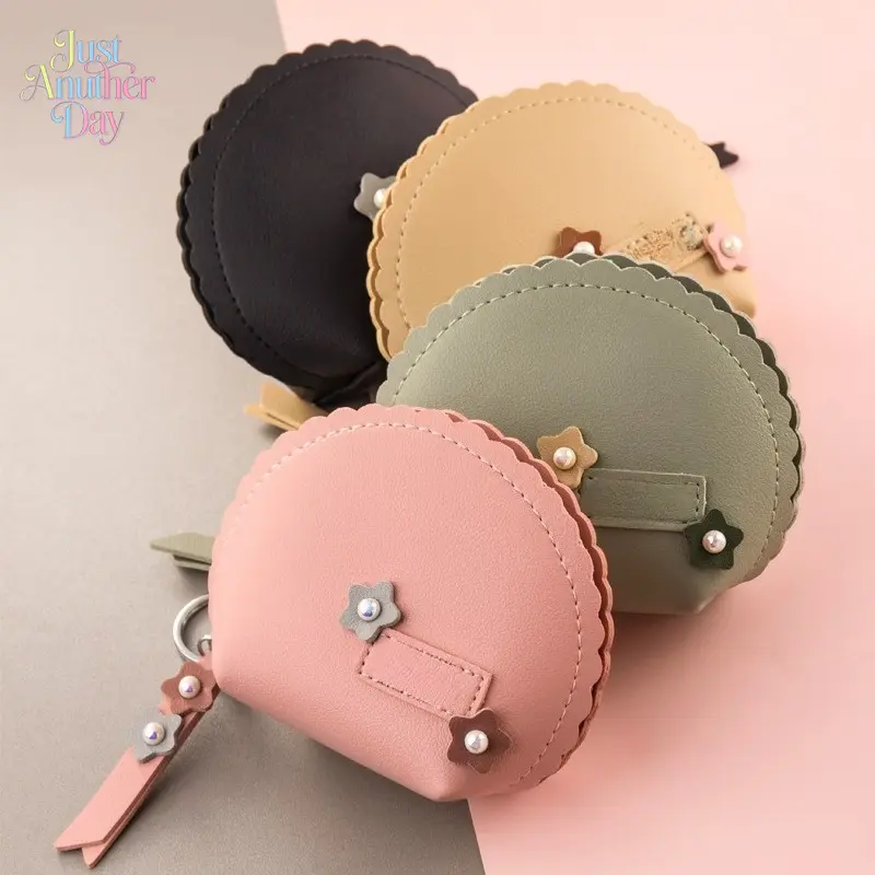 Cute Shell-Shaped Faux Leather Coin Purse with Pearl Flower Accents Small Zipper Pouch with Keychain for AirPods, Lip Balm and Small Essentials Multiple Color Options