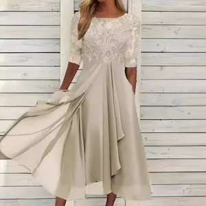 2025 Dress Chiffon Spliced Lace Hollow Long Dress Bridesmaid Evening Gown Women's Elegant Chiffon V-neck Dress