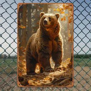 Vintage Brown Bear In The Forest Metal Sign - Rustic Wall Art For Home & Bar Decor, 8X12 Inches