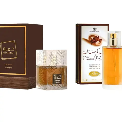 (2pc Bundle Pack) Khamrah Qahwa by Lattafa, 3.4oz + Choco Musk by Al-Rehab, 50ml EDP Spray