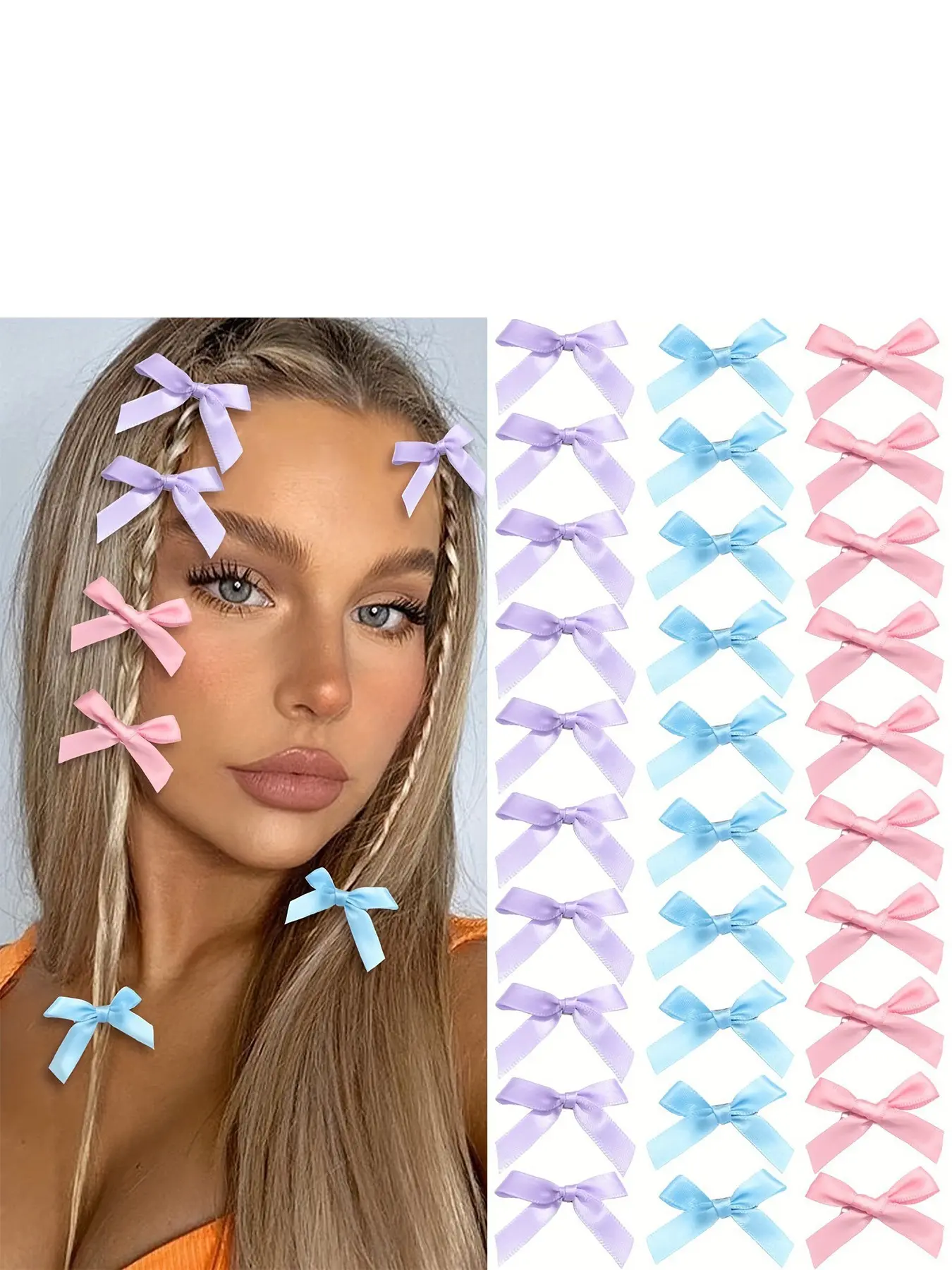 30pcs Bestselling 4cm Butterfly Knot Bow Hair Clips, Blue Pink Purple Mix Color Duckbill Side Ribbon Small Hair Clamps, Sweet Braiding Accessories for All Seasons Gift