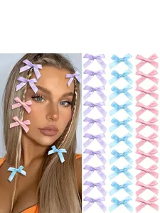 30pcs Bestselling 4cm Butterfly Knot Bow Hair Clips, Blue Pink Purple Mix Color Duckbill Side Ribbon Small Hair Clamps, Sweet Braiding Accessories for All Seasons Gift