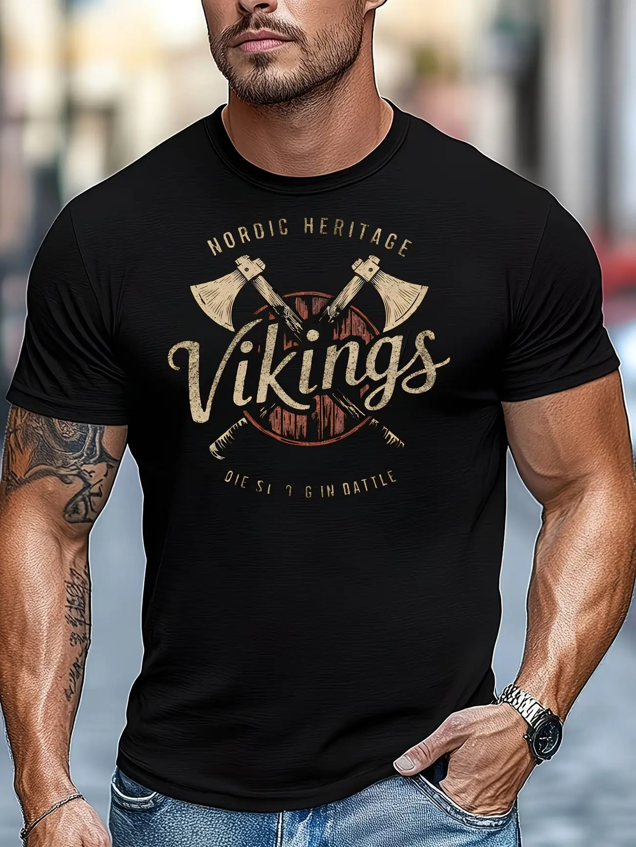 Vintage Nordic Viking Cross Axe Shield Chest Tee, Retro Norse Heritage Battle Slogan Short Sleeve, Soft Cotton Loose Fit Top, Unisex History Warrior Casual Streetwear Outfit for Men Women