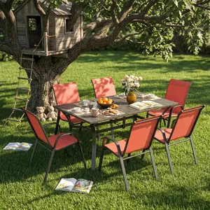 7-Piece Outdoor Patio Dining Set, 63" x 38" Rectangular Wood-Grain Metal Table w/ Umbrella Hole + 6 Ergonomic Chairs (350 lbs Capacity) , Waterproof Textilene Fabric, Rustproof Metal Frame