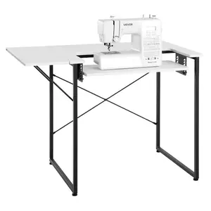 fathersdaygift VEVOR Sewing Table, Multipurpose Sewing Machine Table with Foldable Side Shelf, Adjustable Shelf, Steel Legs, Computer Desk for Home, Fashion Studio, Art Studio, Educational Institution, White