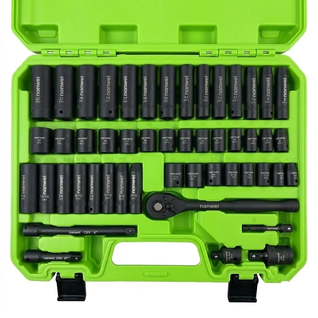 50Pcs 3/8" Drive Impact Socket Set, Master Deep & Standard Metric (8-22mm) and SAE (5/16"-3/4") Sockets, 6-Point CR-V Impact Wrench Tool Kit with 72-Tooth Ratchet & Neon Green Storage Case