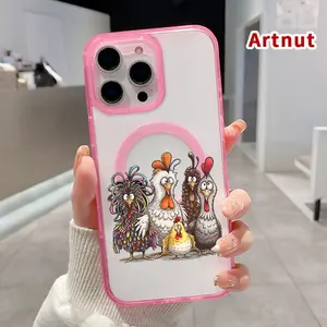 Quirky Chicken Family Pattern Magnetic Phone Case for iPhone 16 15 14 Pro Max 13 12 11 XR XS E Plus Shockproof Lightweight Transparent Protective Soft Cover Supports Wireless Charging