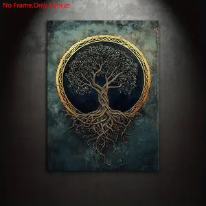 1 Piece/Set Frameless Canvas Painting Print Poster,Classic Fantasy Symbolism Celtic Nordic Art,Yggdrasil Golden Tree Of Life,Perfect Ideal Gift For Mythology Lovers,Bedroom,Study,Office,Living Room,Dorm Hallway,Kitchen,Mural,Wall Decoration,Room Decor