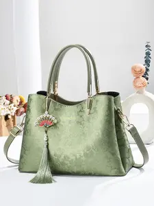 Floral Embossed Handbag, New Chinese Style, Fan Pendant Decoration, Casual PU Leather Messenger Bag, All Seasons