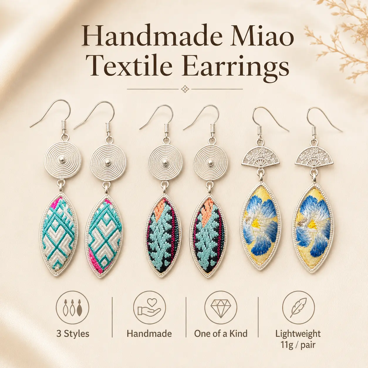 Handmade Textile Drop Earrings, Brocade Weaving and Needle-Insertion Embroidery, Handmade Textile Jewelry Gift, Unisex, Art, Textile Fabric