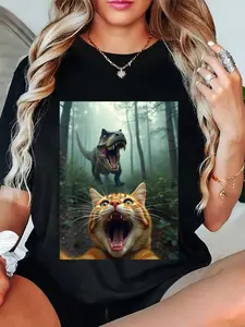 100% Cotton Unisex Funny Cat Selfie With T-Rex Dinosaur Round Neck Short Sleeve T-Shirt Women's Men Graphic Tee