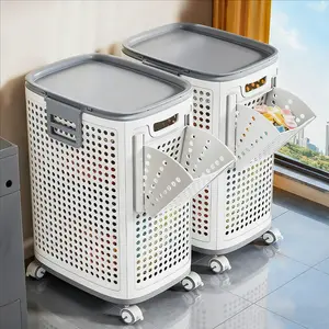 Joybos Foldable rolling laundry basket with lid, perforated plastic storage basket with wheels, storage box with handle, suitable for outdoor use, kitchen, laundry room, storage room, cloakroom, utility room, garage, easy to move.