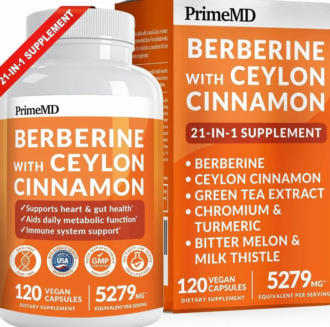 21-in-1 Berberine Supplement with Ceylon Cinnamon with Chromium, Bitter Melon and Green Tea Extract and Black Pepper Extract 5X for Energy & Metabolism Support with 5279 mg (120 ct, Pack of 1)