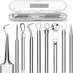5PCS Stainless Steel Blackhead Remover Kit - Comedone Extractor, Curved Tweezers for Pimple Acne Blemish Removal, Professional Skincare Tools with Storage Case