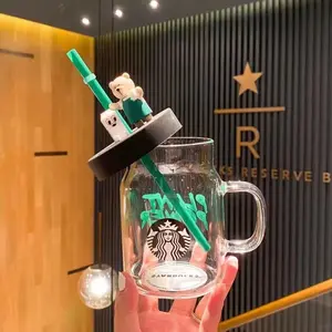 Starbucks Green Apron Bear Glass 473ml/16oz - Classic Straw & Lid