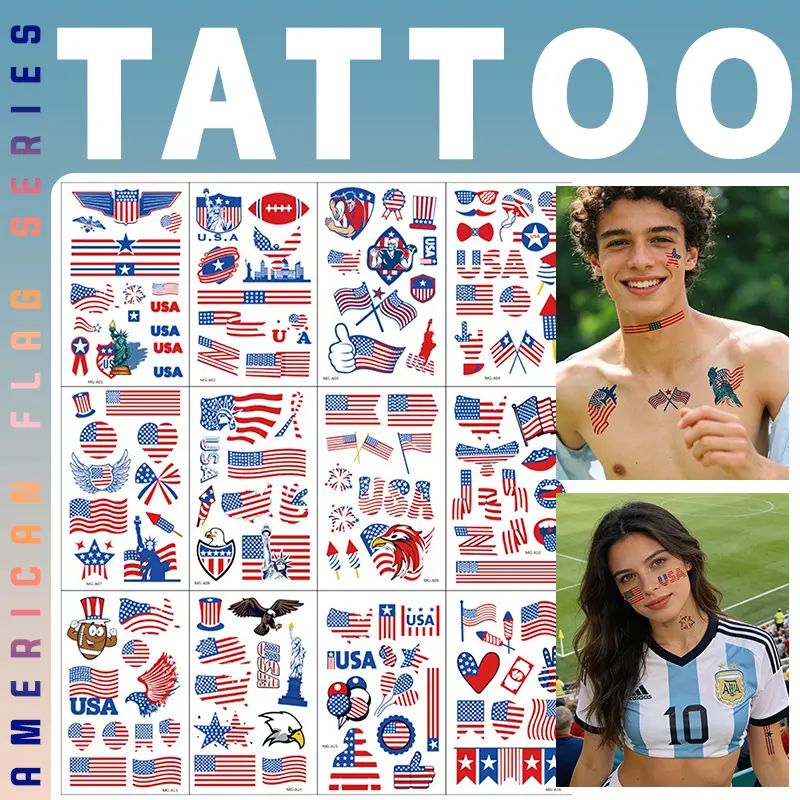 USA Flag Elements Soccer Cheering Design Flag Tattoos Waterproof Face Tattoo Stickers for Cheerleading, Matches, Events — 18 Pieces