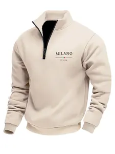 Men's Fall Winter Stand Collar Half-Zip Pullover Sweatshirt, Letter Print, Casual Trendy Long Sleeve Top, Fitted H-Type, Casual Cozy Sweatshirt