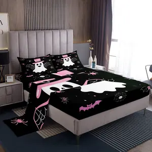 Pink Ghost Bed Sheets Set,Kids Halloween Bat Fitted Sheet for Boys Girls,Spooky Soft Microfiber Room Decor