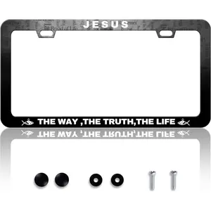 2pcs Jesus The Way The Truth The Life License Plate Frame Cross License Plate Frames Personalise Stainless Steel Funny Design Compatible with Standard License Plate Holder for USA Canada 6 X 12 Inch
