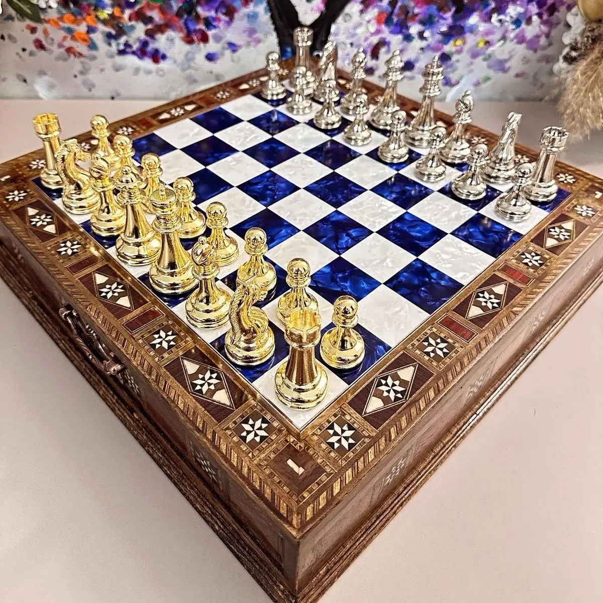 Handmade Wooden Chess Game Set with Metal Pieces - Large Tabletop Chess Board, Board Games for Family Night, Anniversary Gift for Husband, Long-Distance Gift for Boyfriend