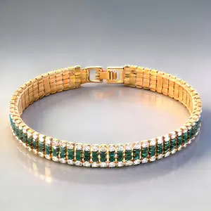Luxury Gold Tone Green Rhinestone Tennis Bracelet for Women, Elegant Statement Jewelry for Daily Wear, Party, and Special Occasions