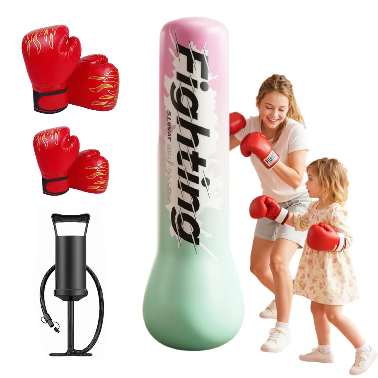 Inflatable Boxing Column Tumbler for Kids, 48/59 Inch Freestanding Punching Toy with Gloves, Indoor Outdoor Stress Relief Sport Gift for Boys