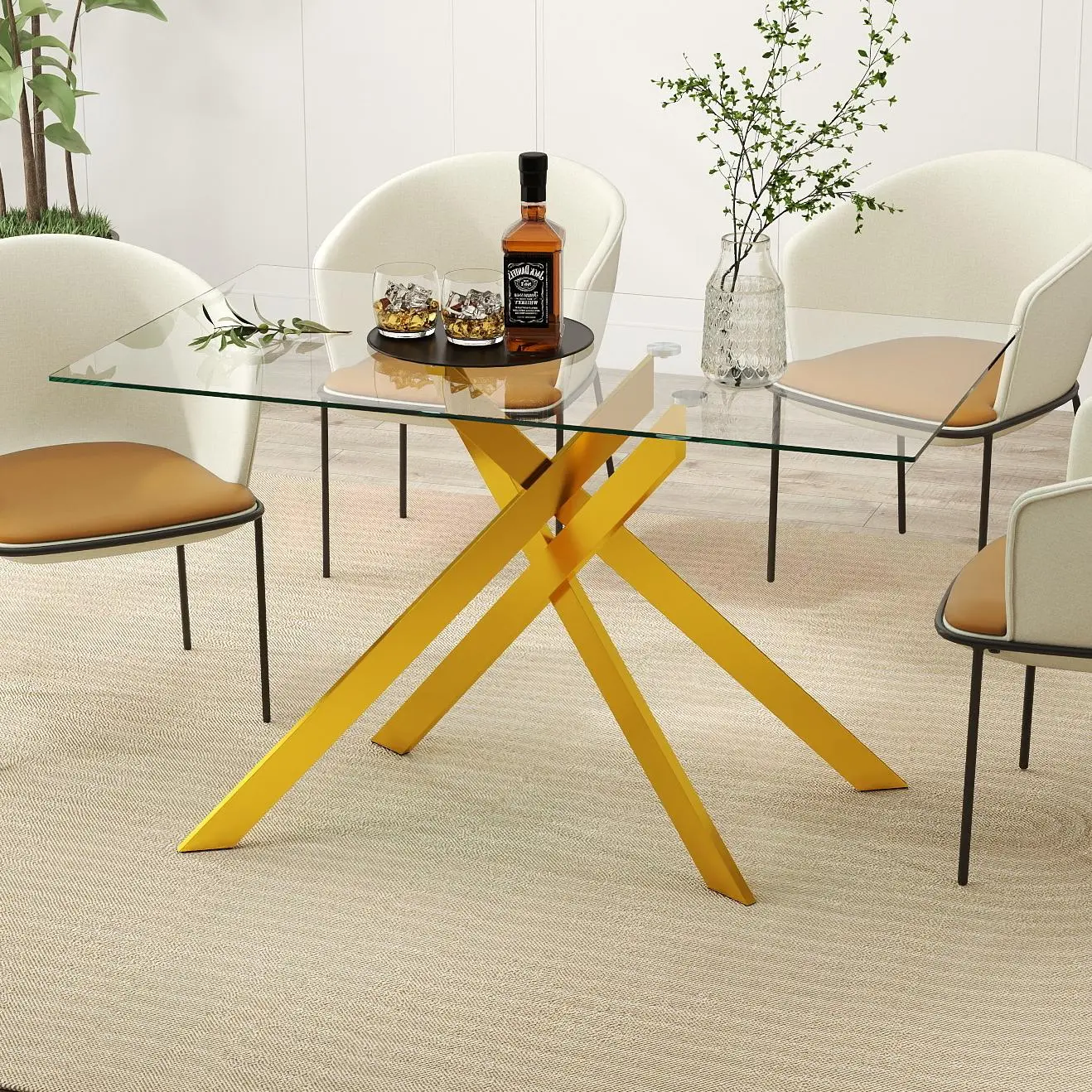 51.2" Rectangular Glass Dining Table, Tempered Kitchen Table with Gold Metal Legs, Modern Dinner Table for Kitchen Dining Room