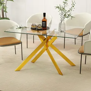 51.2" Rectangular Glass Dining Table, Tempered Kitchen Table with Gold Metal Legs, Modern Dinner Table for Kitchen Dining Room