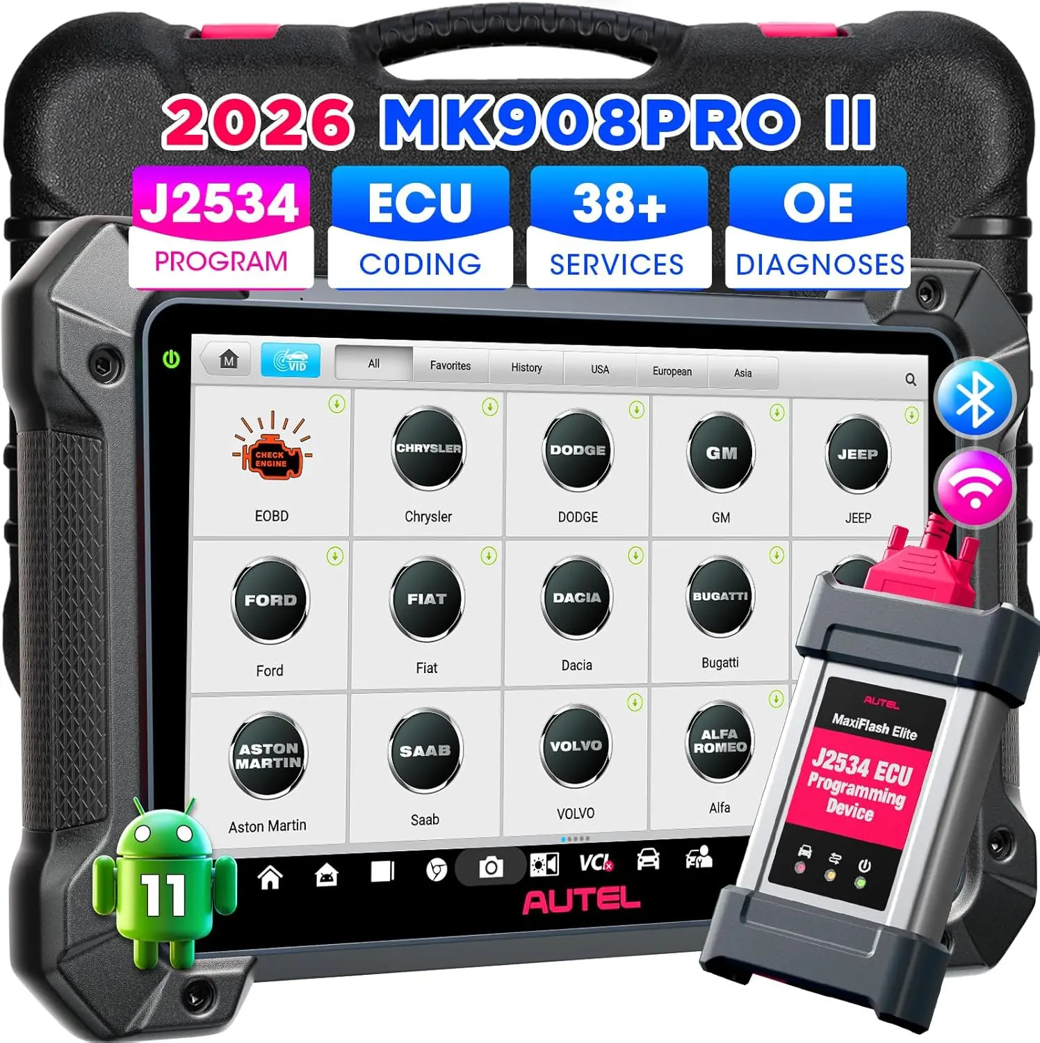 Autel MaxiCOM MK908 PRO II Professional Scanner - J2534 ECU Programming, Coding, 38+ Service Resets, Bi-Directional Active Test, Android 10, Octa-Core, 4G+128G, No IP Limit