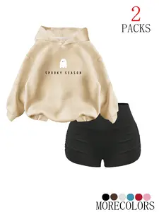 Women's Fall Winter Hooded Drawstring Sweatshirt Set, Casual Fitted Pullover, Y2K Letter Print, Casual Fashion, Pocket Design, 2 Piece for Daily Wear