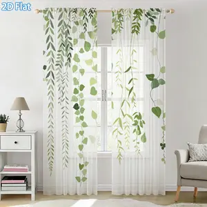 2D Flat 2Pcs Sheer Curtains, Green Leaf Branch Printed, for Living Room Dining Bedroom, Rod Pocket Voile Drapes Window Treatment, Home Decor Farmhouse Cottage Style, Light Filtering Soft Modern Panels, Privacy Protection