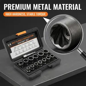 High-Impact Bolt & Nut Extractor Kit 14-PC, Anti-Slip Broken Screw Remover Tool with 3/8" Square Drive, Magnetic Portable Case for Rounded Stripped Rusted Auto Mechanic Repair, Professional Thread Restoration