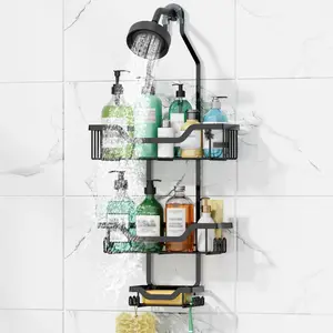 No Drill Shower Caddy - 3 Tier Over The Showerhead Organizer, Rustproof with Baskets & Hooks, Holds All Shower Essentials (Black)