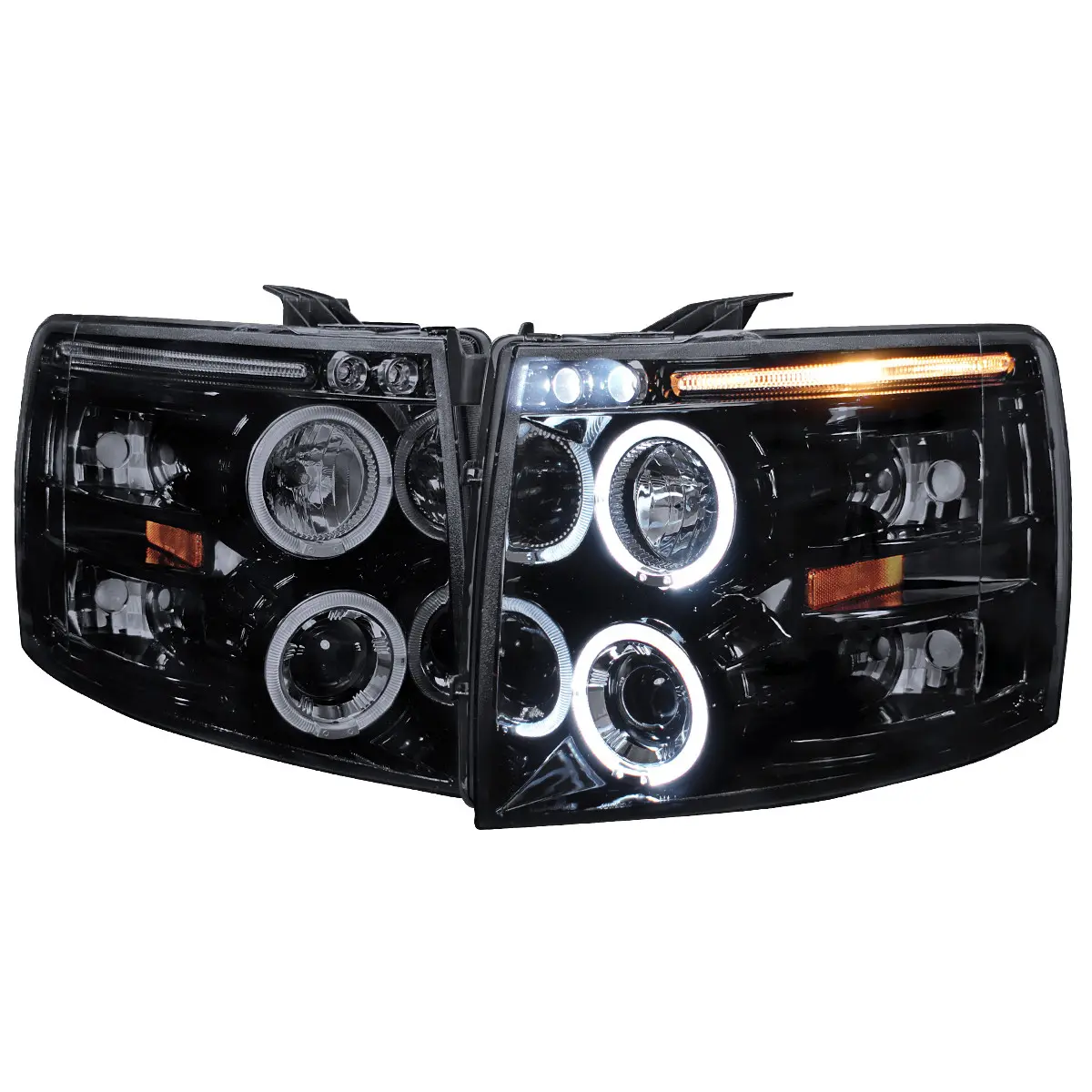 2007-2013 Chevrolet Silverado 1500/ 2007-2014 Silverado 2500HD 3500HD Dual Halo Projector Headlights (Glossy Black Housing/Smoked Lens)