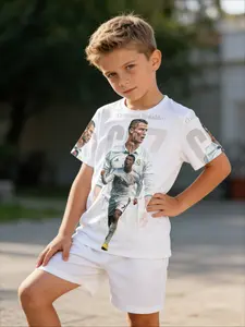 Kids 2 Piece Outfits Boys Summer Short Sleeve T Shirt + Shorts Set Cristiano Ronaldo Real Madrid CR7 Gradient Overlay Print Football Fan Kids Clothing Casual Sport Wear for School Daily Football Match & Fan Gathering