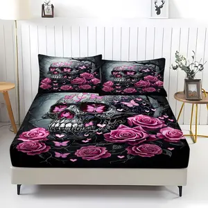 Gothic Skull Bedding Set with Pink Accents Fitted Sheet Set Full Size,3-Piece Horror Theme Featuring Elegant Skull Design Bed Sheet Set,1 Fitted Sheet + 2 Pillowcases
