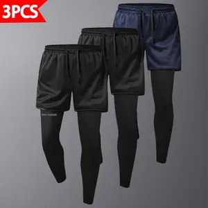 Men’s 3-Pack Athletic Mesh Shorts  Two-Piece Look, Breathable Outer Shorts + Quick-Dry Tight Base Layer Compression Shorts for Night Running, Fitness Training, and Workouts