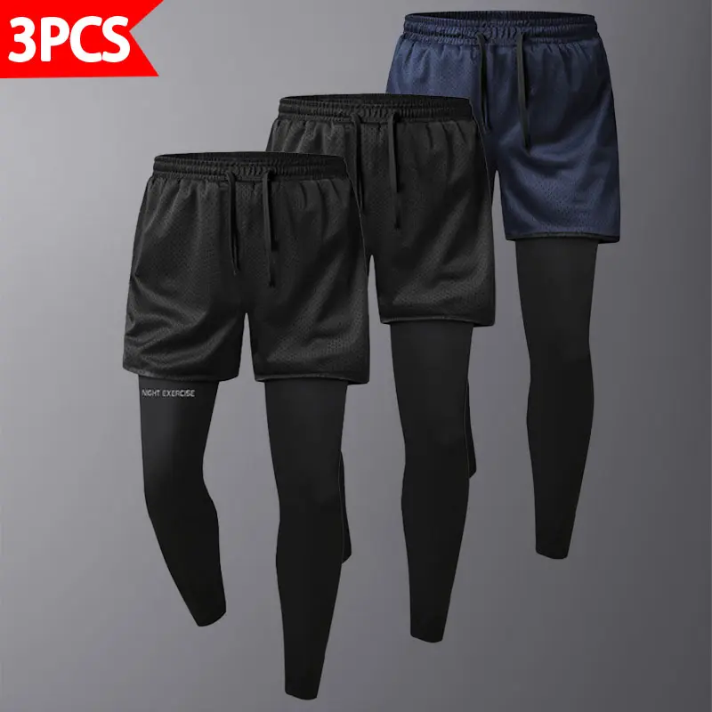 Men’s 3-Pack Athletic Mesh Shorts  Two-Piece Look, Breathable Outer Shorts + Quick-Dry Tight Base Layer Compression Shorts for Night Running, Fitness Training, and Workouts