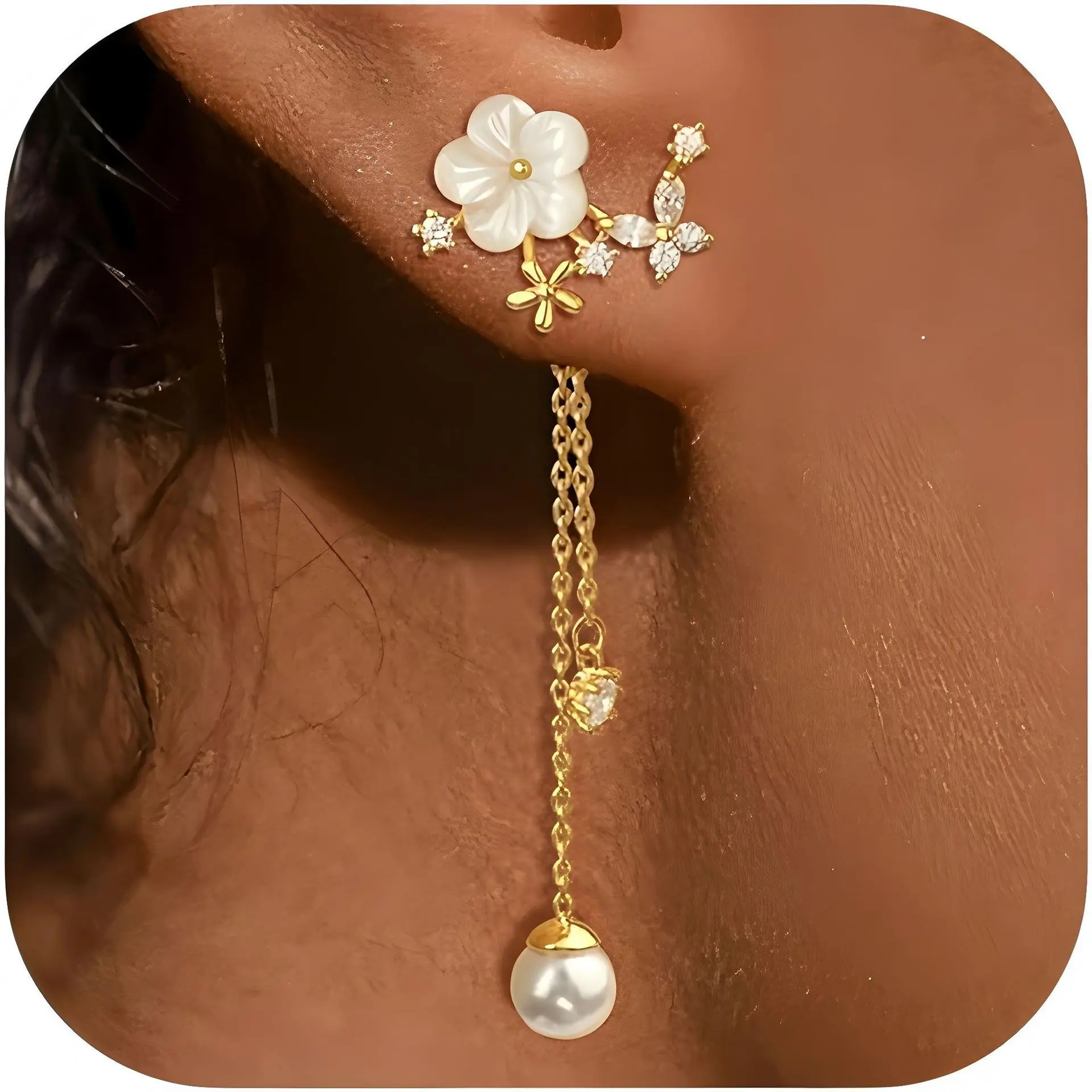 Elegant Flower Earrings, Gold-Tone Long-Chain Dangles with Zircon Accents for Women, Feminine Aesthetic Banquet Wear Fashion Jewelry, Bling Effect, Gold Aesthetic, Feminine Aesthetic Fashion