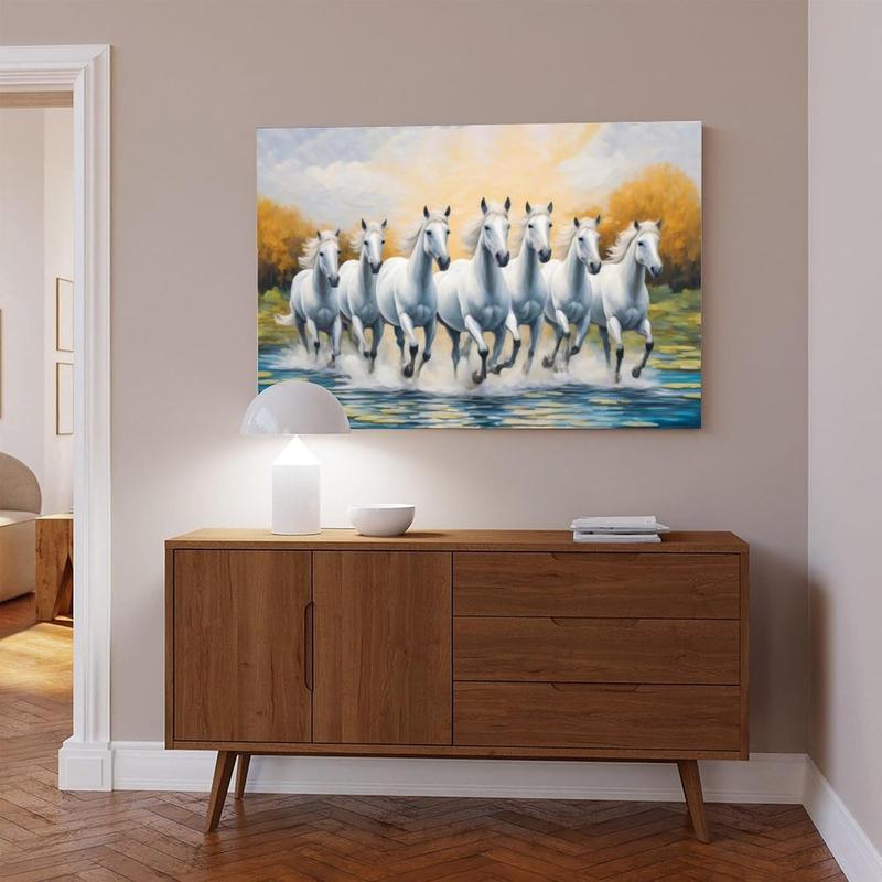 Seven White Horses Canvas Poster Wall Art Decor Vastu Print Picture for Office Room Decoration Frame-style Frame-style08x12inch(20x30cm)